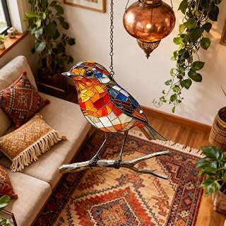 Sun Catcher for Windows, Handmade Stained Glass Robin Bird Ornament, 5.9x5.9 Inch Vibrant Hanging Decor for Garden & Home (1-Piece)