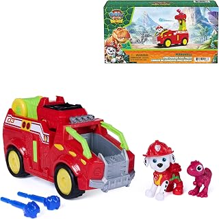 PAW Patrol The Dino Movie Marshall Dino Rescue Firetruck Toy Vehicle | 8-Inch Dino Toy Truck, 360-Degree Projectile Launcher, Marshall & Rhubarb Action Figures, Kids Toys for Boys & Girls 3+