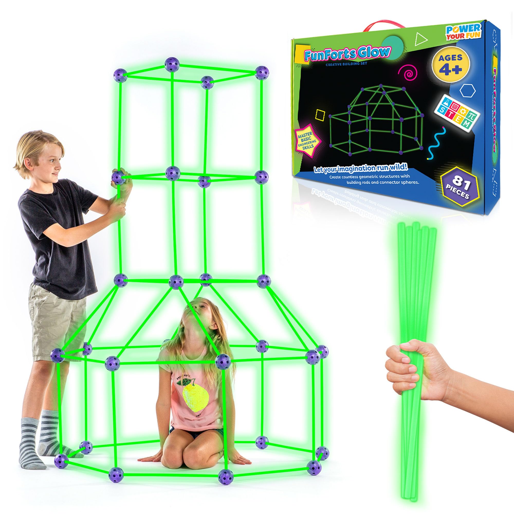 Fun Forts Glow Fort Building Kit for Kids - 81 Pack Glow in The Dark STEM Buildi