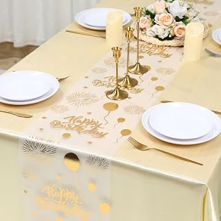 Happy Birthday Table Runner White and Gold Glitter Foil Metallic Thin Mesh Balloon Table Runner Kitchen Dining Table Centerpiece Decoration Birthday Party Favor Supplies