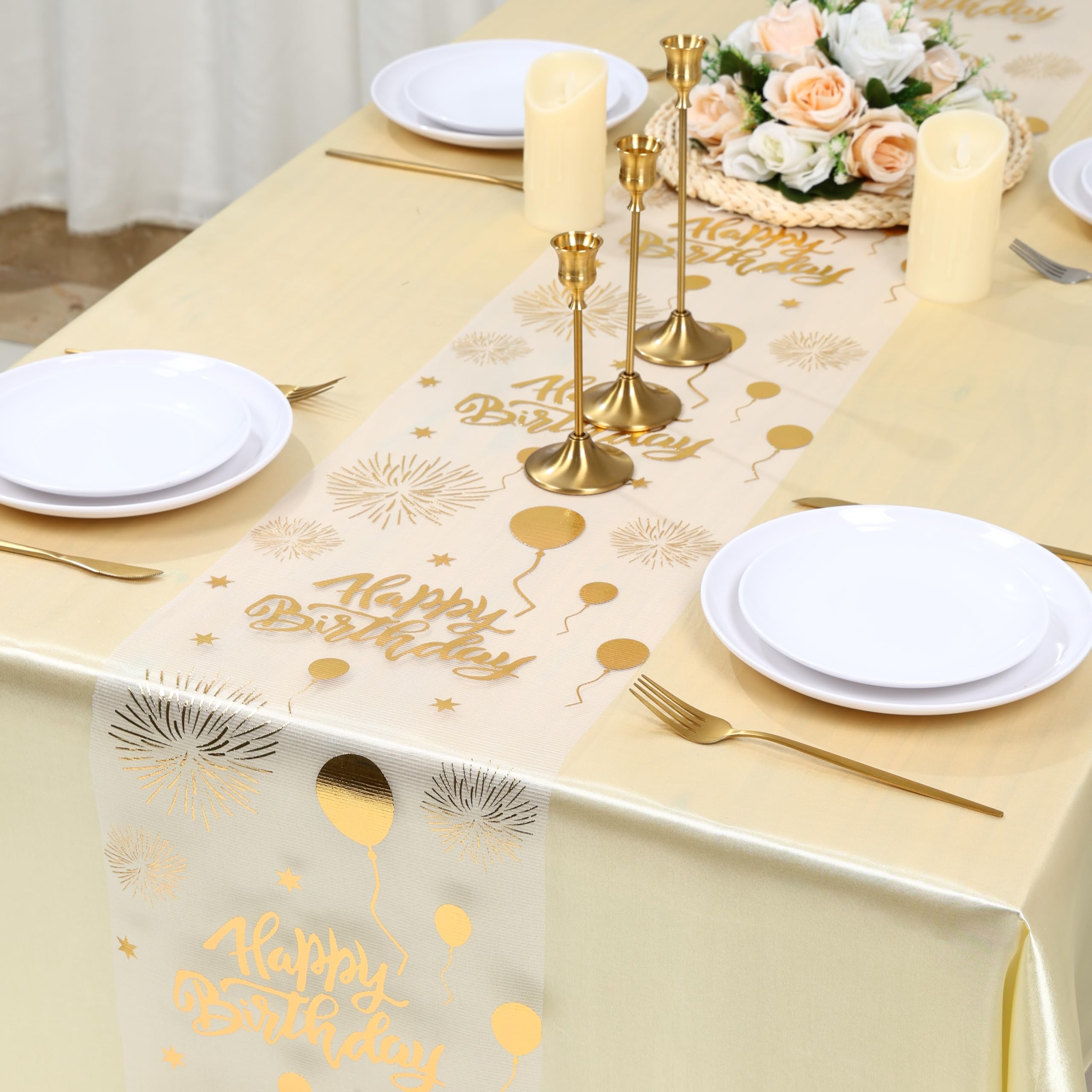 Happy Birthday Table Runner White and Gold Glitter Foil Metallic Thin Mesh Ballo