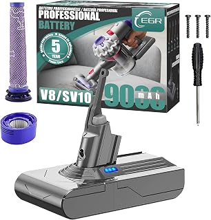EGR 9000mAh Upgraded Battery Replacement Compatible with Dyson V8 Series | 21.6V Li-ion Battery for V8 Animal/Absolute/Motorhead/Fluffy/SV10 Carbon Fiber Vacuum Cleaners with 2 Filters