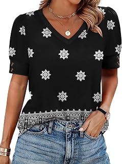 OFEEFAN Womens Tops Short Sleeve Shirts Buttons V Neck Spring Fashion Summer Outfits Plus Size Blouses Dressy Casual