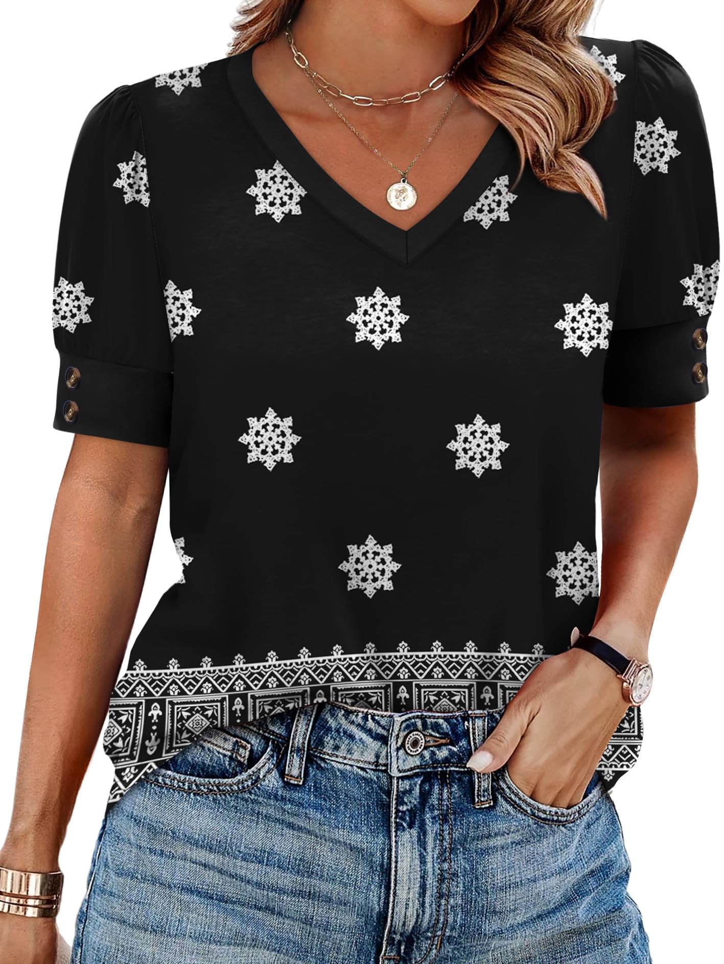 OFEEFAN Womens Tops Short Sleeve Shirts Buttons V Neck Spring Fashion Summer Out