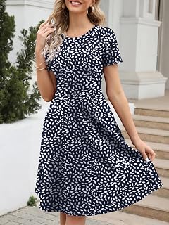 Women's Summer Elegant Short Sleeve Vintage Office Professional Business Casual Work A-Line Swing Dress with Pockets DJ162
