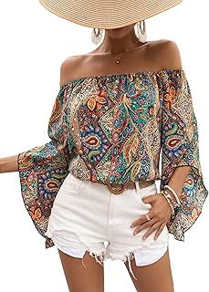 Floerns Women Boho Off Shoulder 3/4 Bell Sleeve Summer Blouse