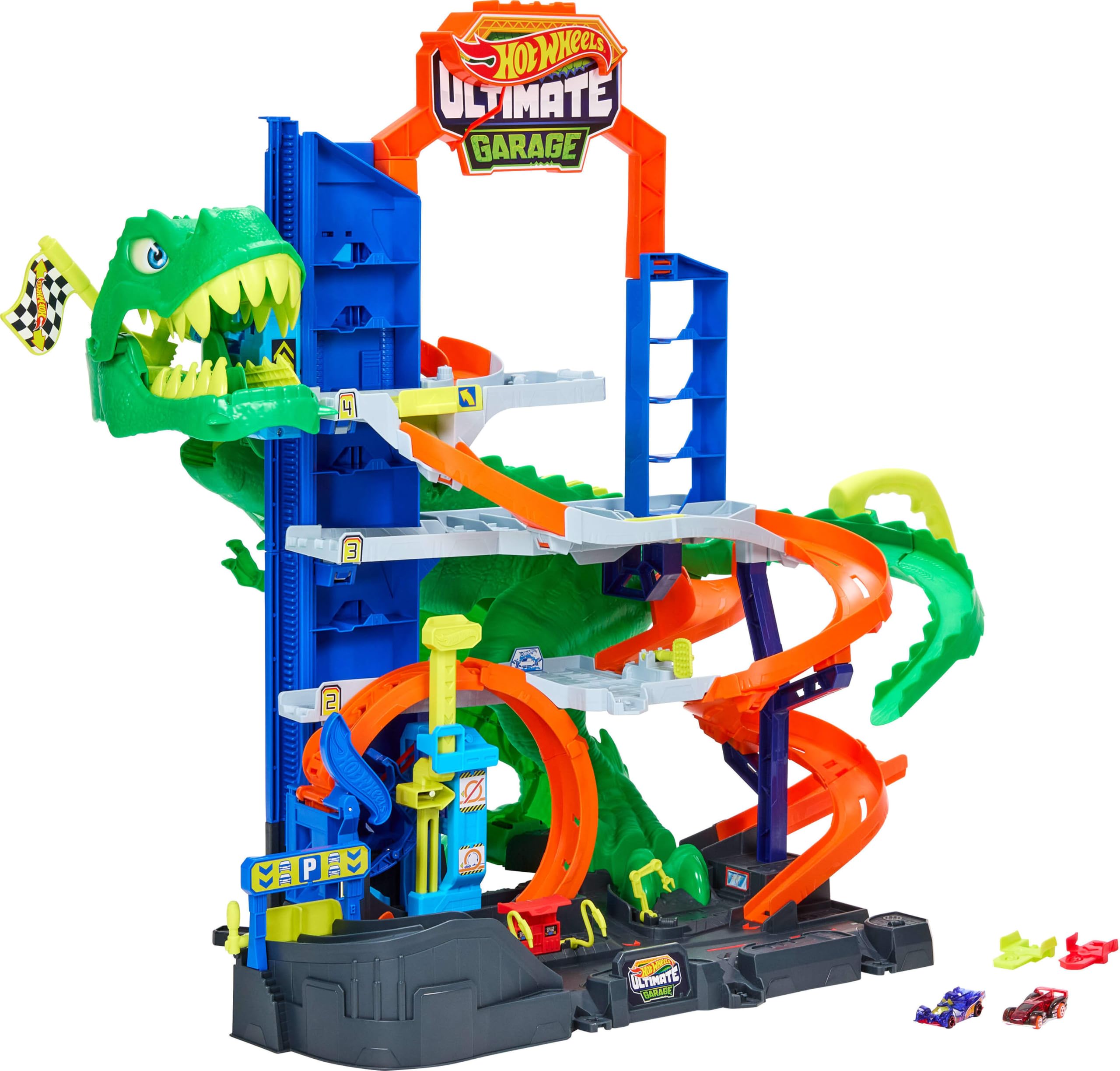 ​Hot Wheels City Ultimate T-Rex Garage & 2 Die-Cast Toy Cars | Track Set Include