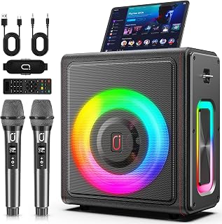 Karaoke Machine for Adults with 2 Wireless Microphones, 200W PA System | Pitch Correction, Bluetooth 5.3, Retro Leather Design, 24H Playtime, TV Connection, TWS Stereo and Live Performance Support