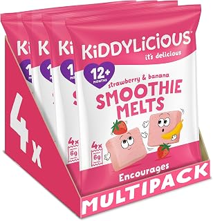 Kiddylicious Strawberry & Banana Smoothie Melts - Delicious Snacks for Kids - Suitable for 12+ Months - 4 Packs of 4 (16 Total)