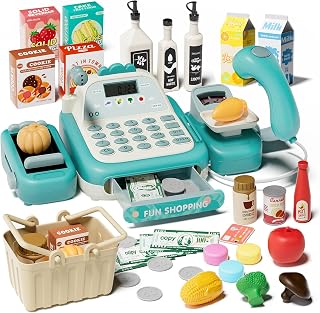 49Pcs Cash Register Toy Set, Pretend Play Grocery Store Cashier Playset | Conveyor Belt, Scanner, Weighing Scale, Calculator & Microphone, Toys Gift for Kids Toddlers Ages 3-8 (Green)