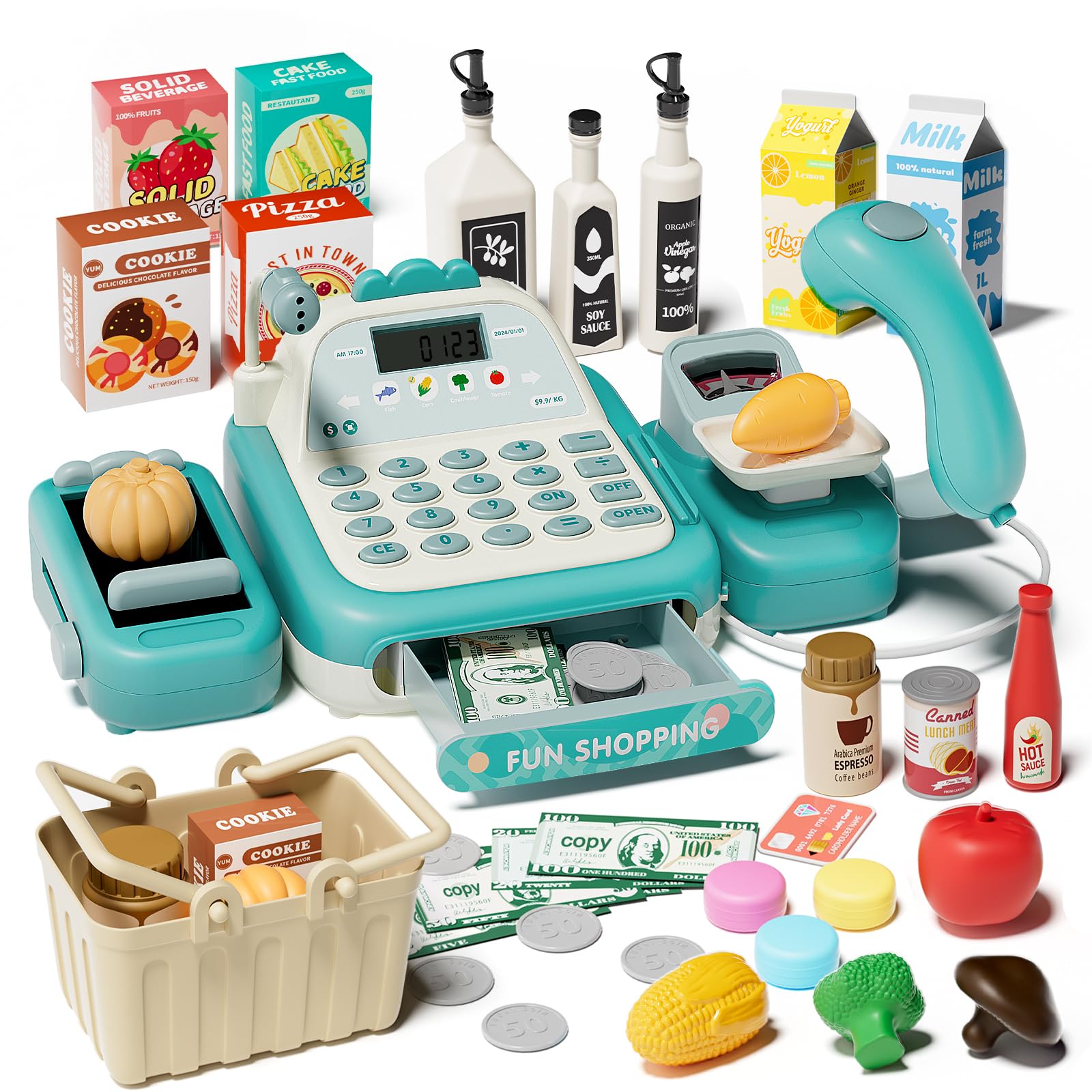 49Pcs Cash Register Toy Set, Pretend Play Grocery Store Cashier Playset | Convey