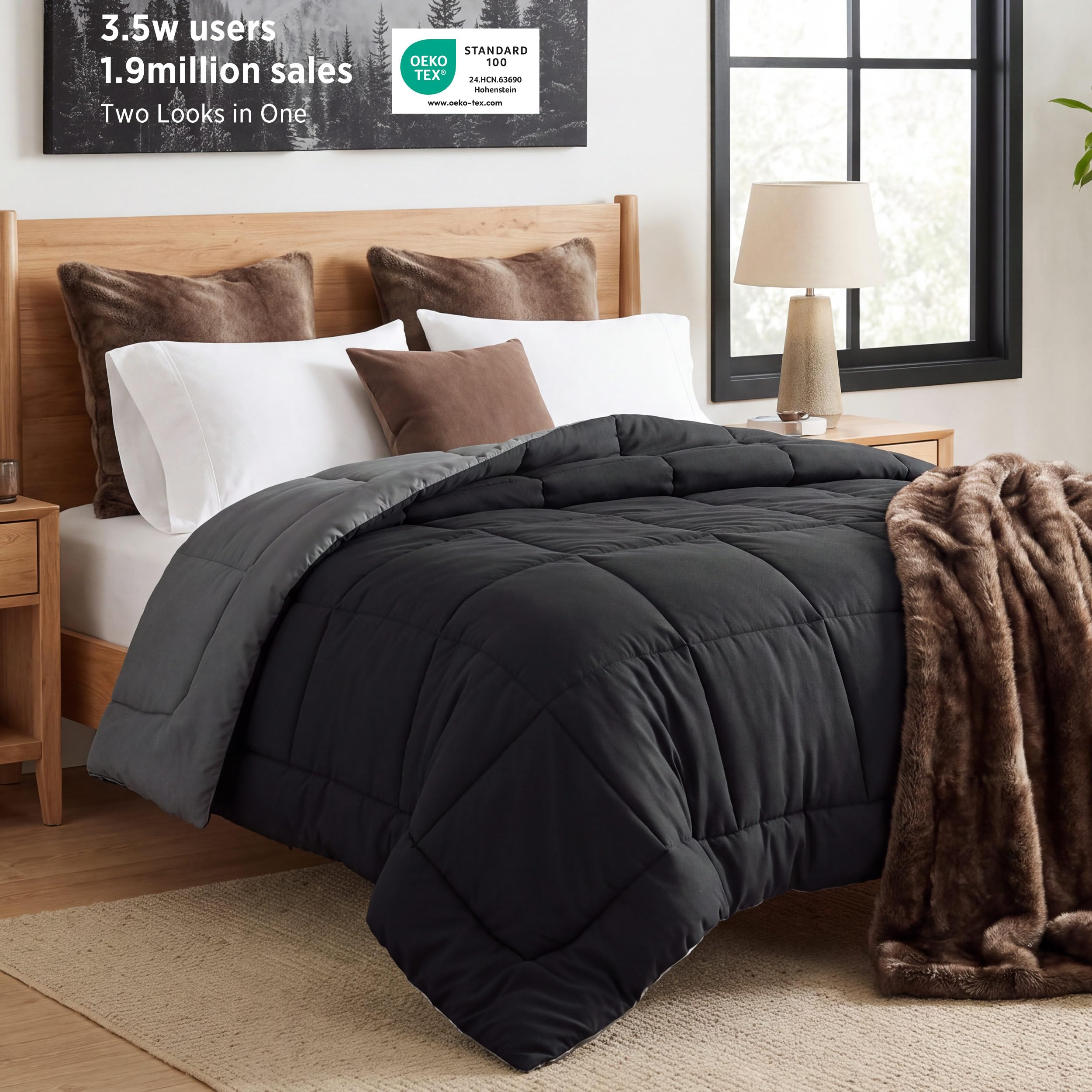 Bedsure Queen Comforter Duvet Insert - Bed Comforter Quilted, Black/Grey | All S