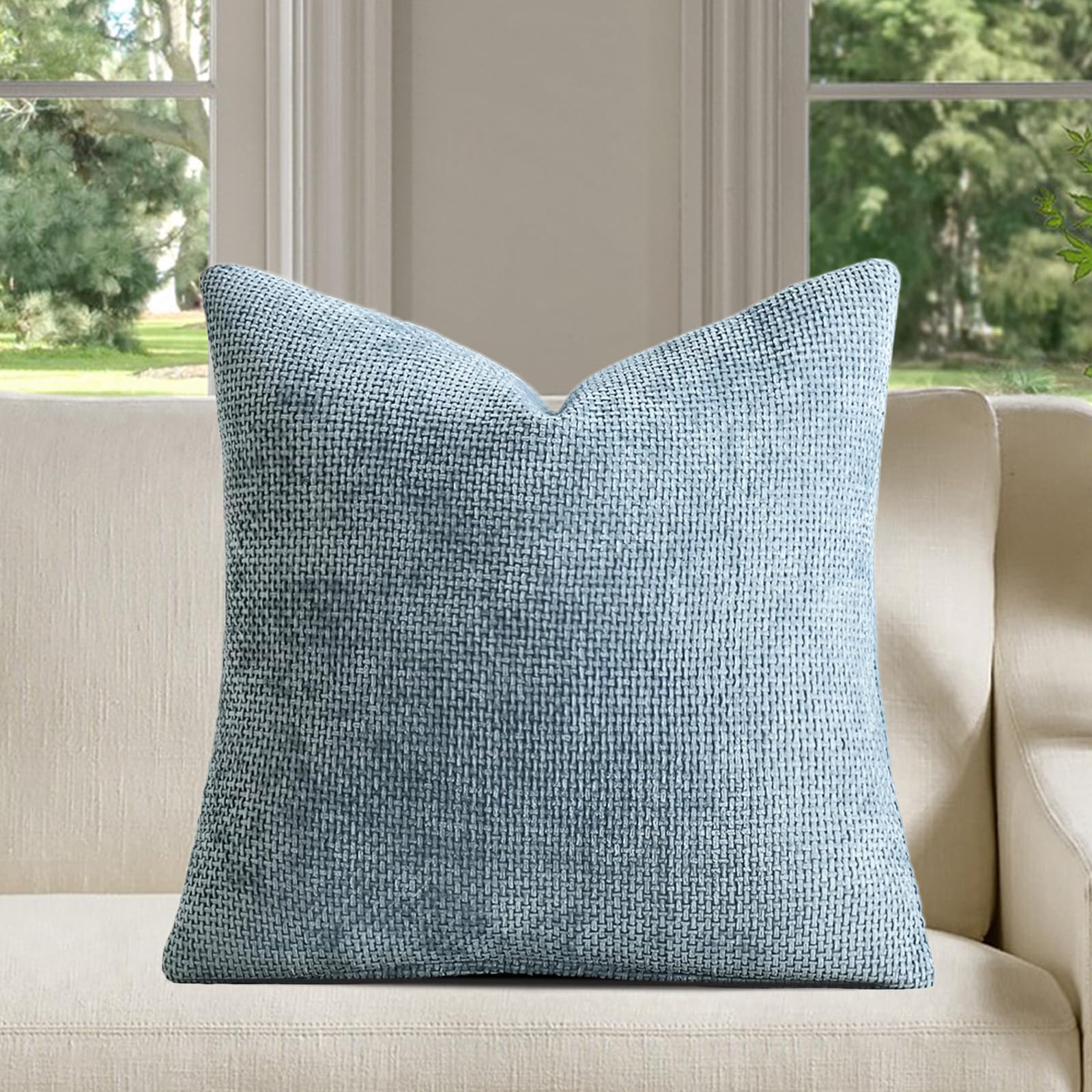 Light Blue Chenille Cushion Cover 18x18 Inch Decorative Soft Farmhouse Style Neu