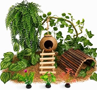 RUNANIA Crested Gecko Tank Accessories，Reptile Vines Plants with Coconut Shell Ladder Hideout Hermit Crab Decor for Bearded Dragon Lizard Chameleon Tortoise Snake