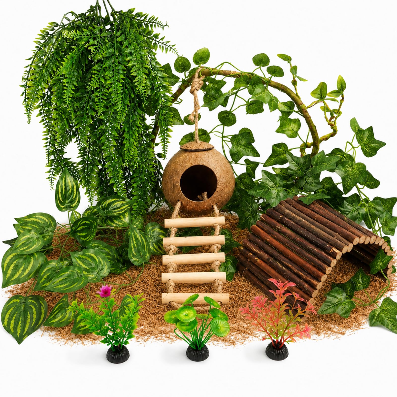 RUNANIA Crested Gecko Tank Accessories，Reptile Vines Plants with Coconut Shell L
