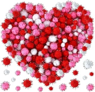 UPINS Palline per San Valentino, 600 pompon rosa e rossi glitterati, dimensioni miste, soffici, per fai da te, matrimoni, San Valentino, decorazioni per feste (3 colori)