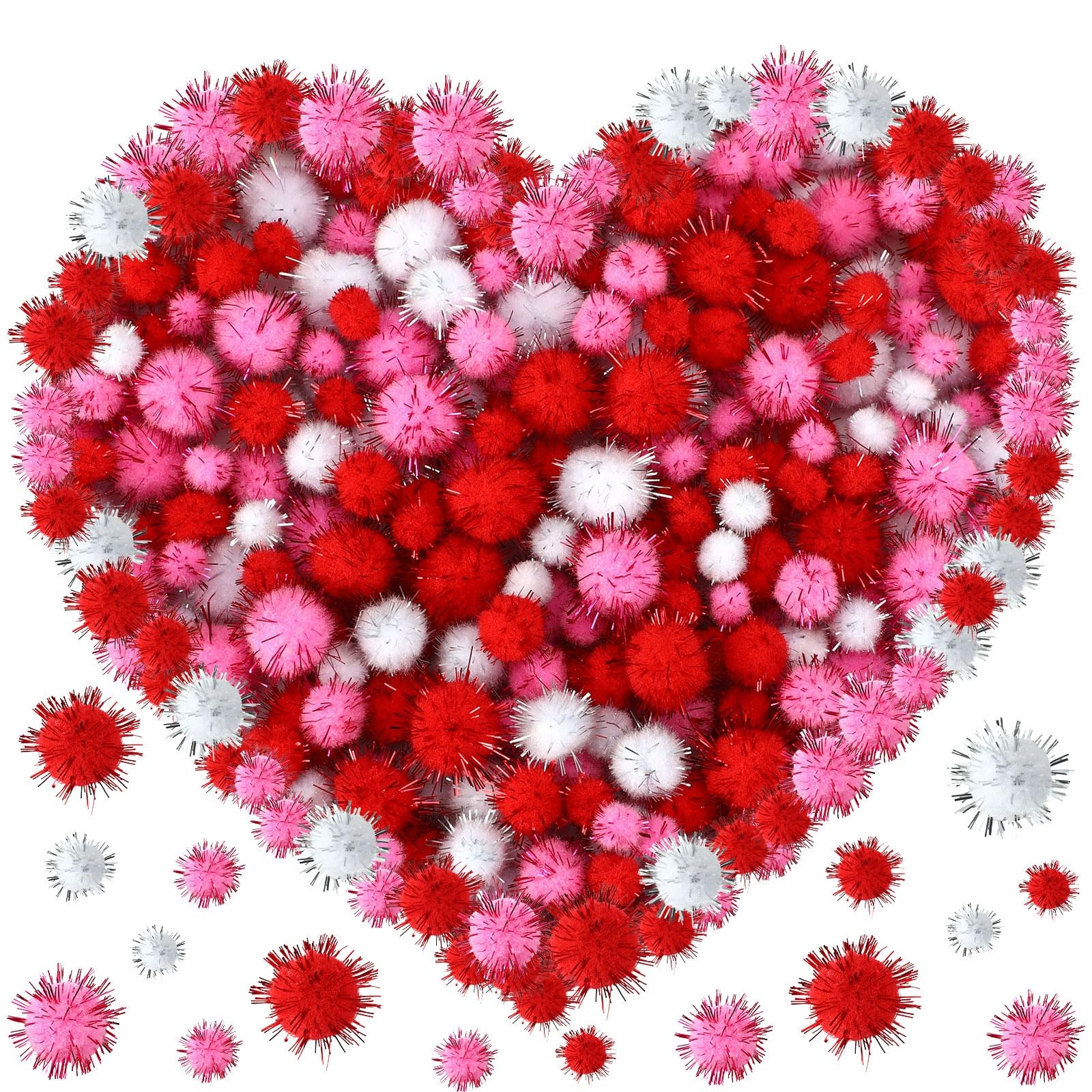 UPINS Palline per San Valentino, 600 pompon rosa e rossi glitterati, dimensioni 