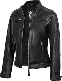 fjackets Leather Jacket Women Moto Style Real Lambskin Leather, Quilted Cafe Racer Classic Zip Up Womens Biker Leather Jacket