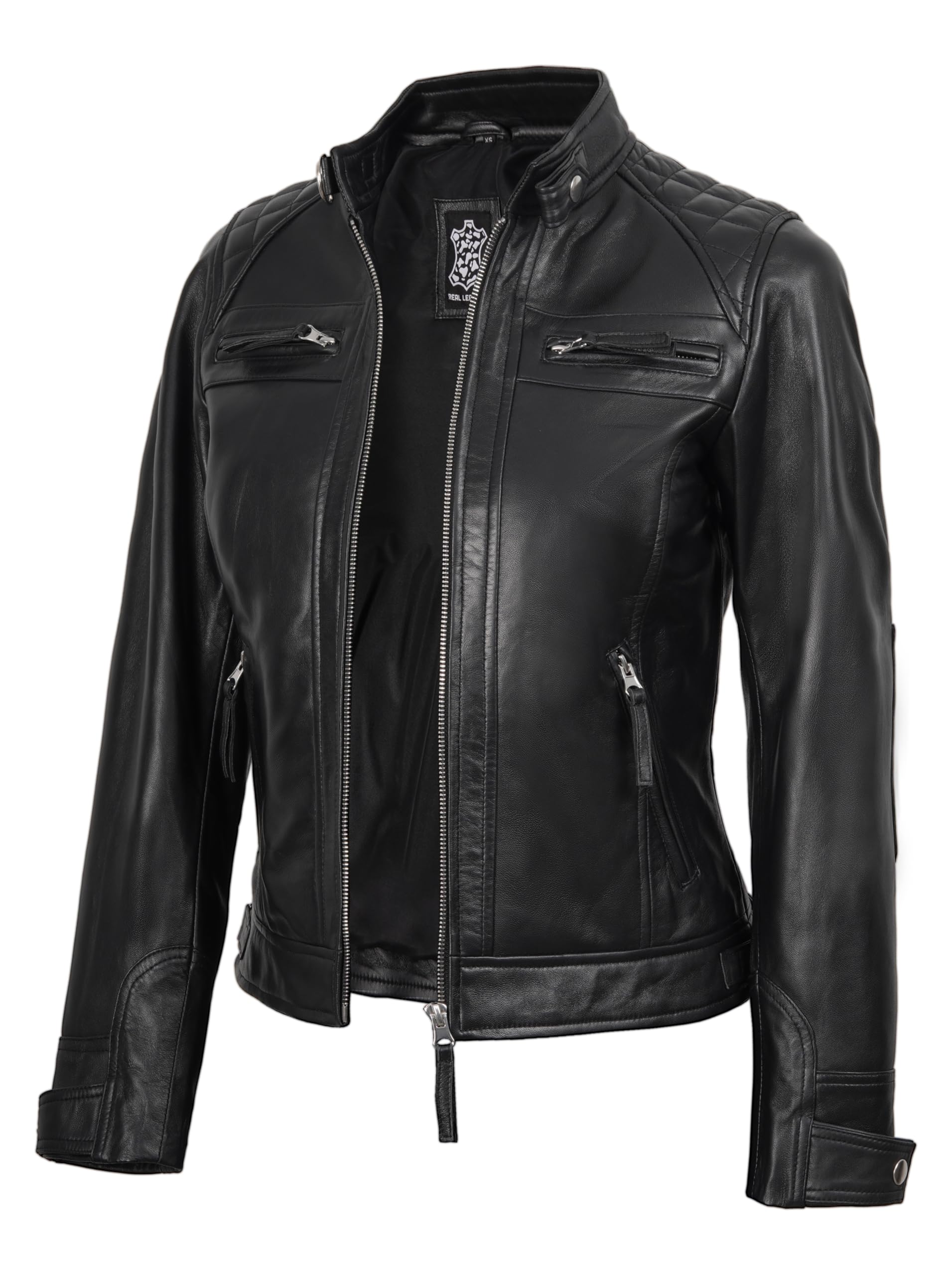 fjackets Leather Jacket Women Moto Style Real Lambskin Leather, Quilted Cafe Rac
