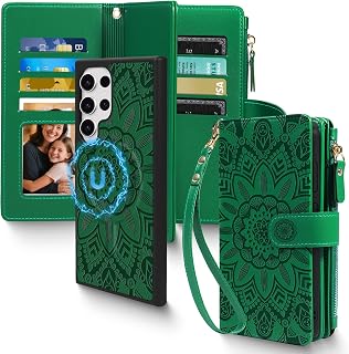 Harryshell 2 in 1 for Samsung Galaxy S25 Ultra Wallet Case Magnetic Compatible with Magsafe RFID Blocking Card Holder Detachable Phone Cover Zipper Purse Kickstand Wrist Strap Men Women Floral Green