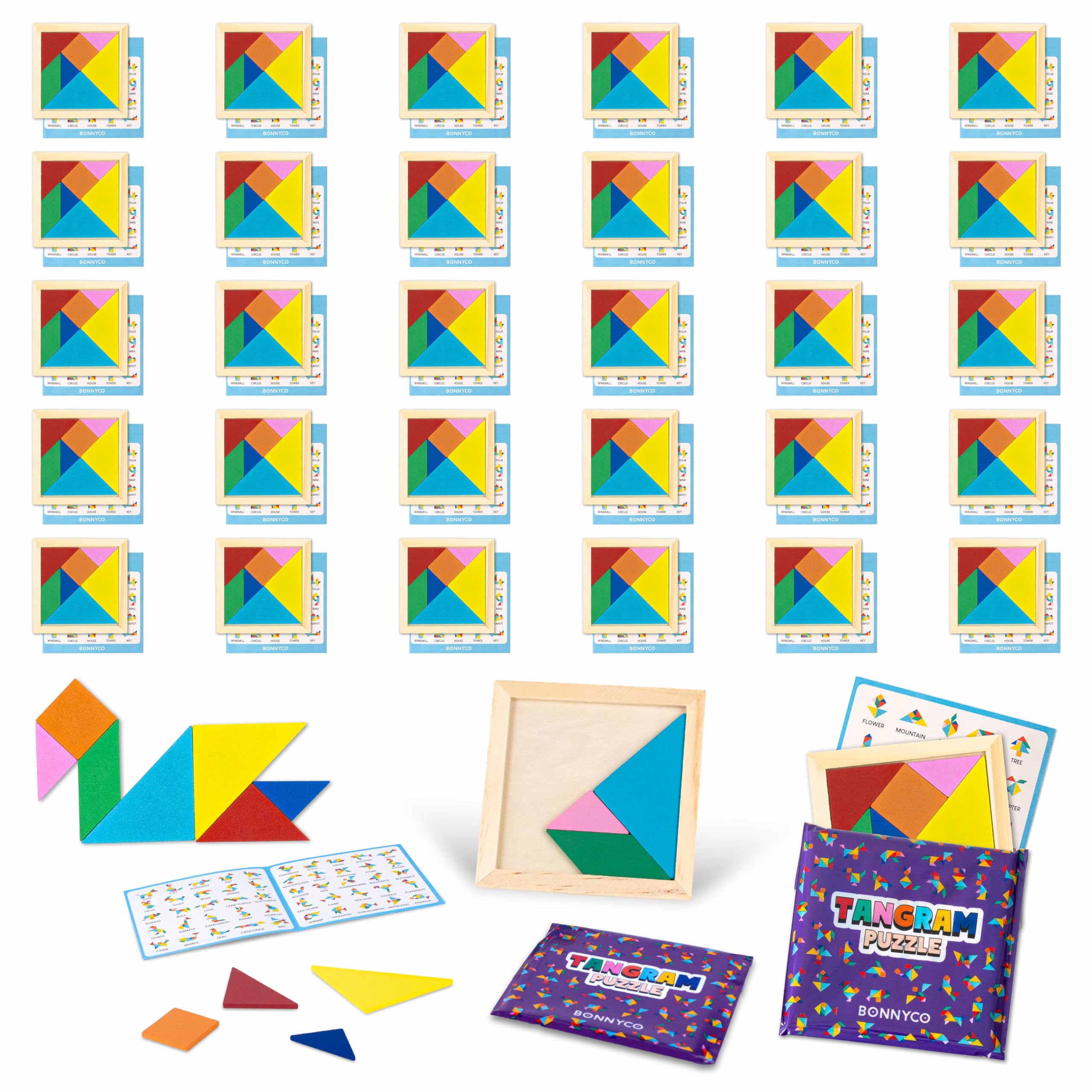 BONNYCO Tangram Puzzle Wooden Pack 30 Mini Games of Party Favors for Kids | Good