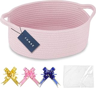 COMSE Empty Small Gift Basket with Bag &amp; Ribbons, Light pink | Cotton Rope, 12"x 8"x 5", Baby Toy Organizer, Stores Small Items for Bedrooms, Nurseries, Bathrooms, Living Rooms, Offices
