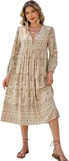 R.Vivimos Women's Long Sleeve Floral Print Retro V Neck Tassel Bohemian Midi Dresses