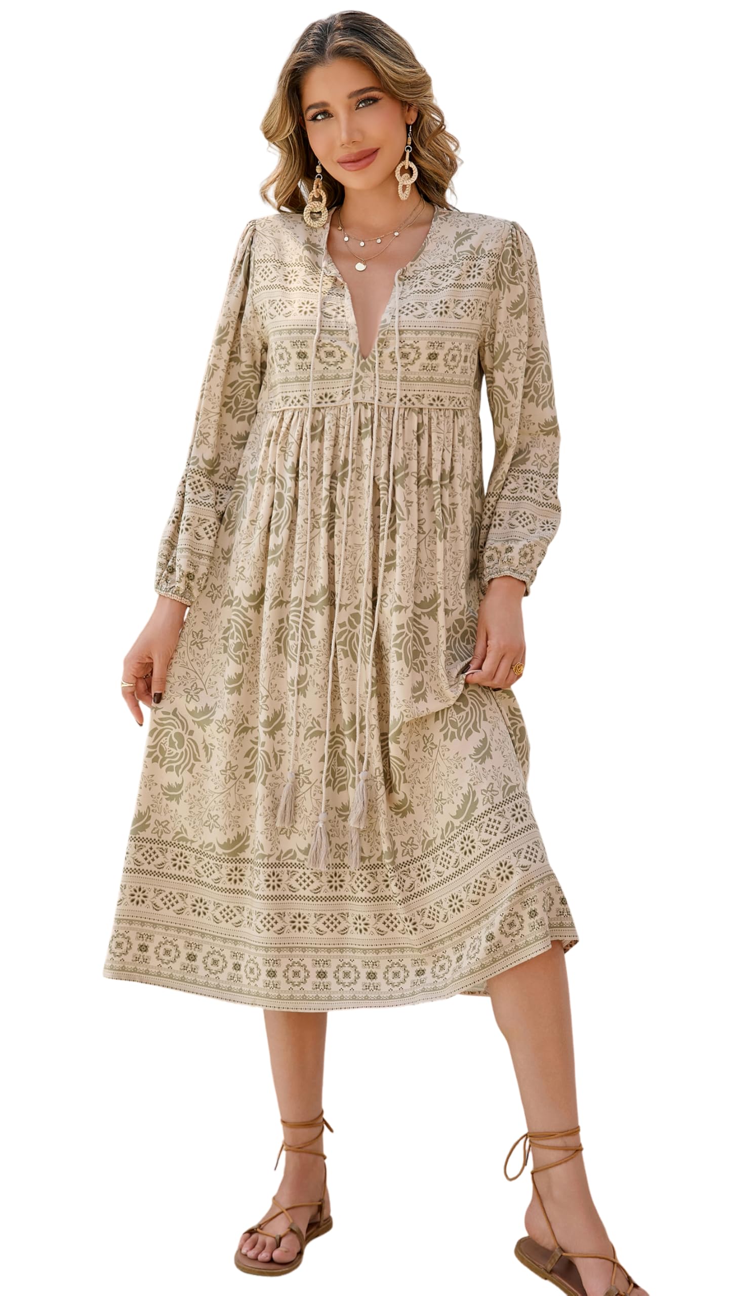 R.Vivimos Women's Long Sleeve Floral Print Retro V Neck Tassel Bohemian Midi Dre