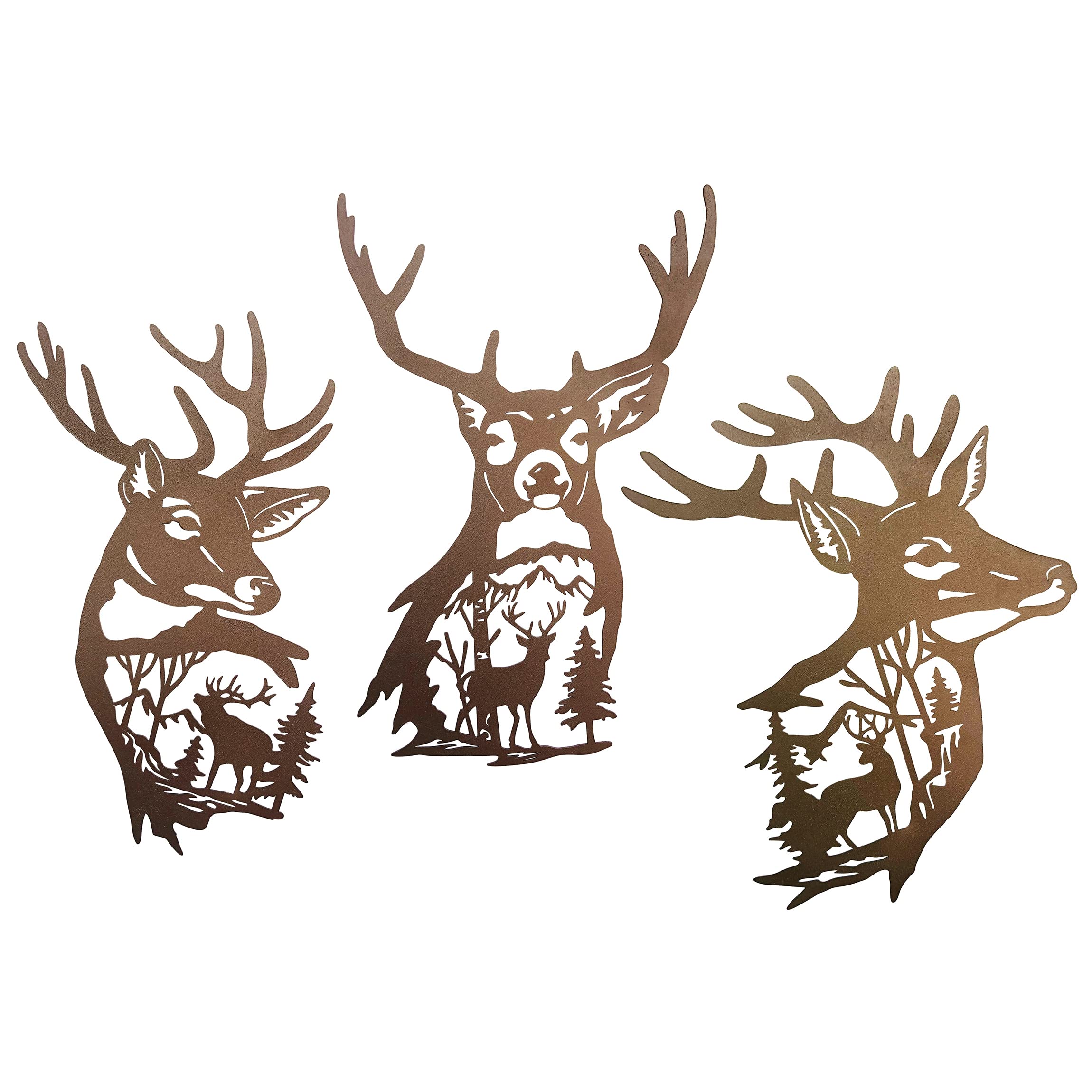 J-Fly Metal Deer Wall Art - 3 Piece Set, 9 Inch Rust Color, Forest & Hill Decor,