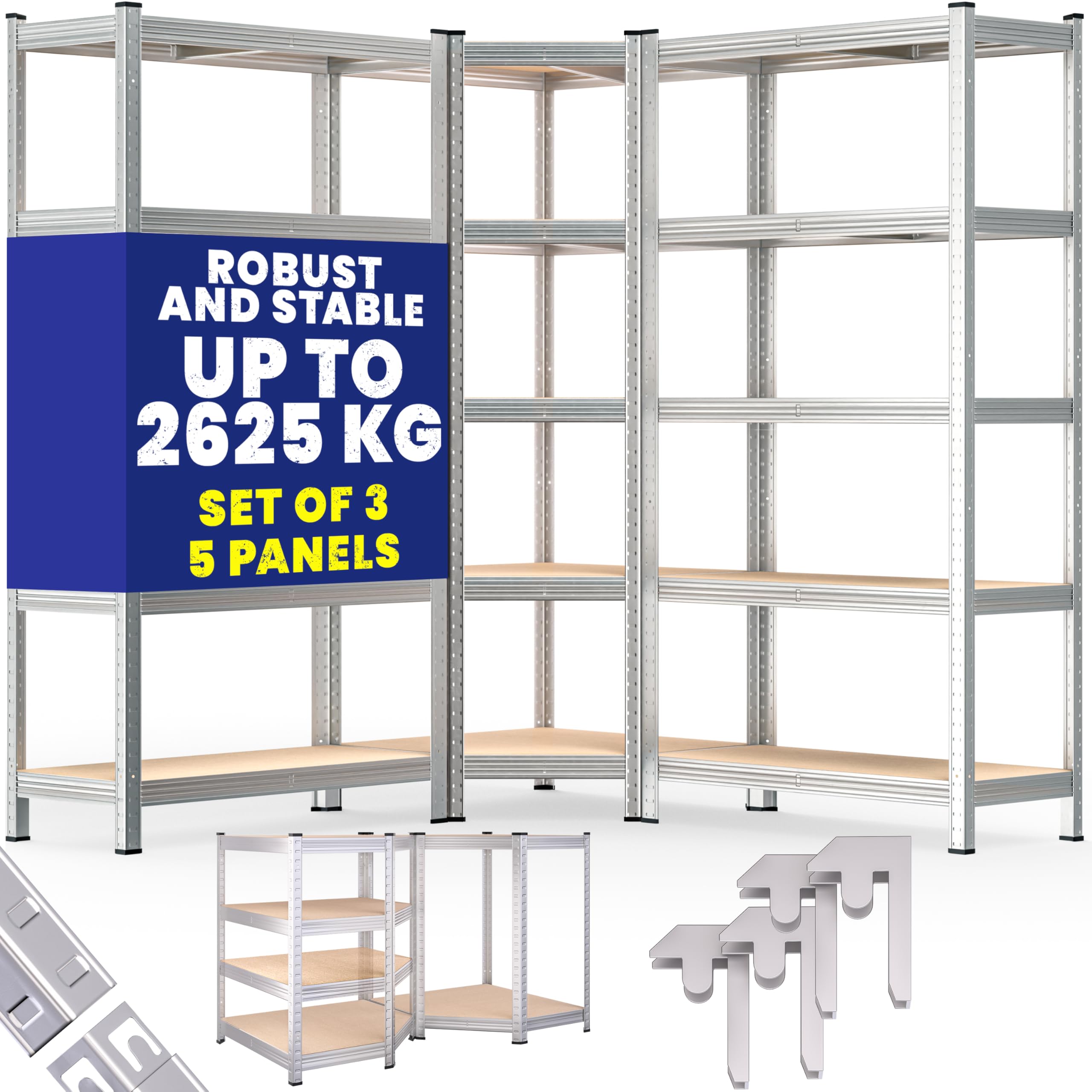 Monzana® 5 Tier 3Pc Heavy Duty Corner Metal Shelving Set 180x70x40cm Silver