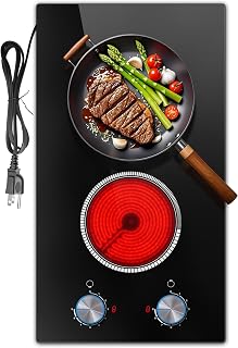 Pladeca 2 Burner Electric Cooktop 110V, Knob 12 Inch Electric Stove Top | 120V Stove Top Burner Knob Control, 2000W Countertop Stove, Timer, 9 Heating Levels, Overheat Protection, High-Temp Alarm