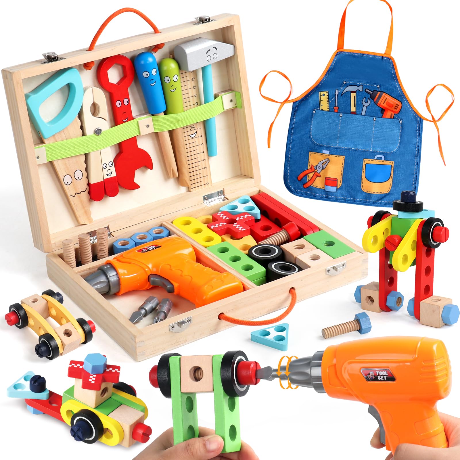 TONZE Wooden Kids Tool Set with Drill, Montessori Toys for 3 Year Old Boys | 44 
