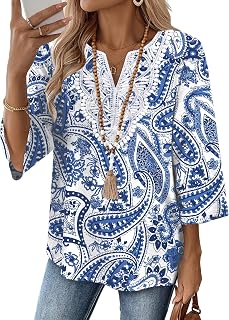 WIHOLL 3/4 Sleeve Blouses for Women V Neck Lace Top Summer Tops for Women