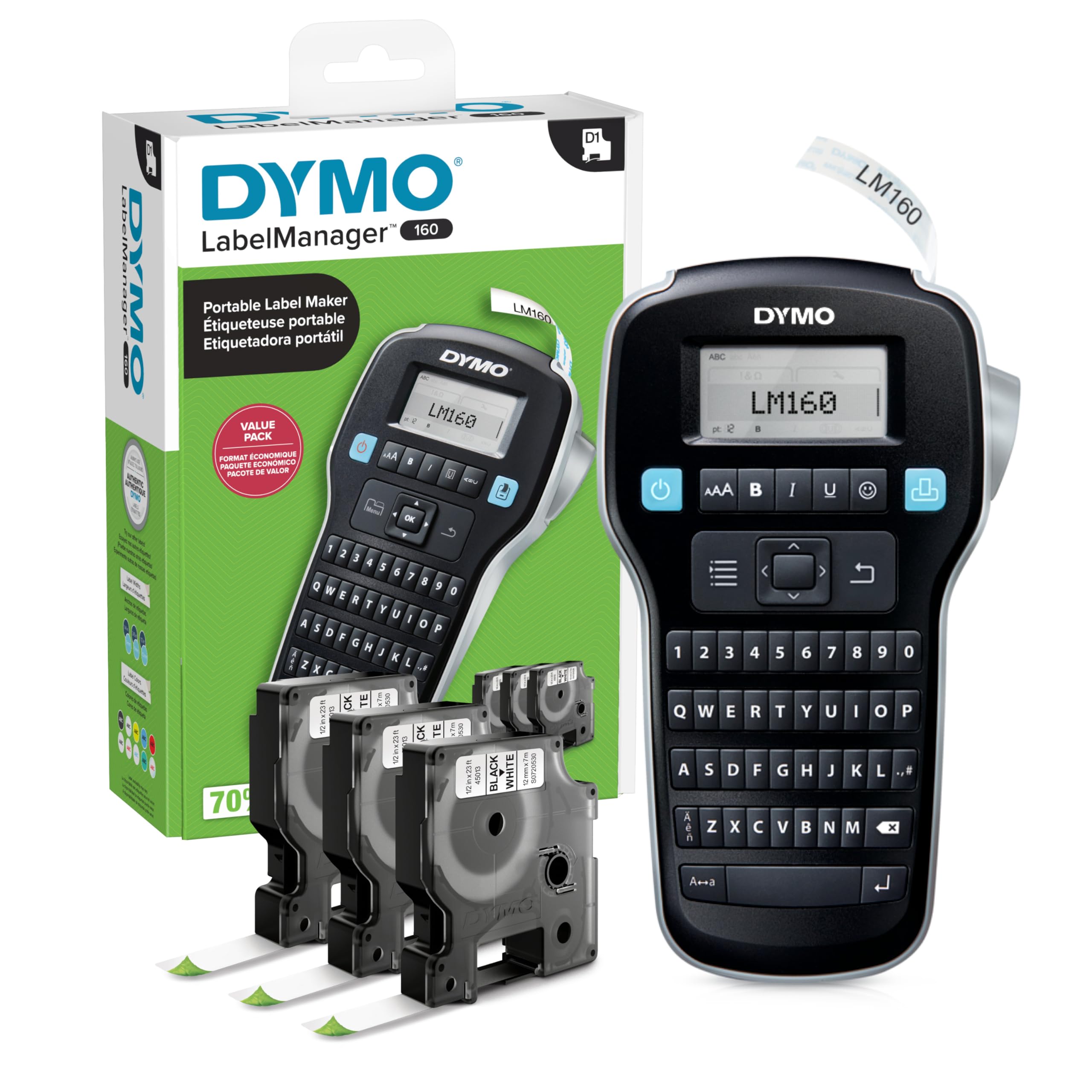 DYMO LabelManager 160 Label Maker Bundle with 3 D1 Label Cassettes, Portable Han
