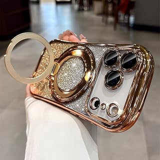 LXK Magnetic for iPhone 17 Pro Max Case [ 360° Spin Magnetic Stand] [Full Camera Protection] Compatible with MagSafe, Glitter Bling Card & 15FT Military-Grade Protection Cover - Gold