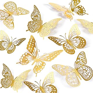 SAOROPEB 3D Butterfly Wall Decor 48 Pcs Gold Butterfly Birthday Decorations | 4 Styles 3 Sizes, for Butterfly Birthday Decorations Butterfly Party Decorations Cake Decorations, Removable Stickers