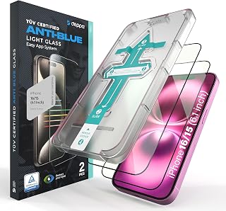 Deppa Pack of 2 for iPhone 16/15 (6.1 inch) Eye Protection Certified Blue Light Filter (6.1 Inch) with Template Shockproof Full Cover Bubble-Free