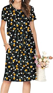 Simier Fariry Womens Summer Hide Belly Knee Length Travel Dress Pocket Short Sleeve Midi Work Casual Outfits