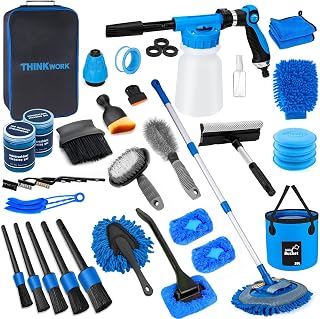 THINKWORK Car Wash Kit with Foam Gun, Complete Car Detailing Kit 40 PCS | Deep Efficient Interior &amp; Exterior Cleaning, Extendable Mop &amp; Bucket, Soft Microfiber Brushes Set, Tire &amp; Wheel Brush, Gift