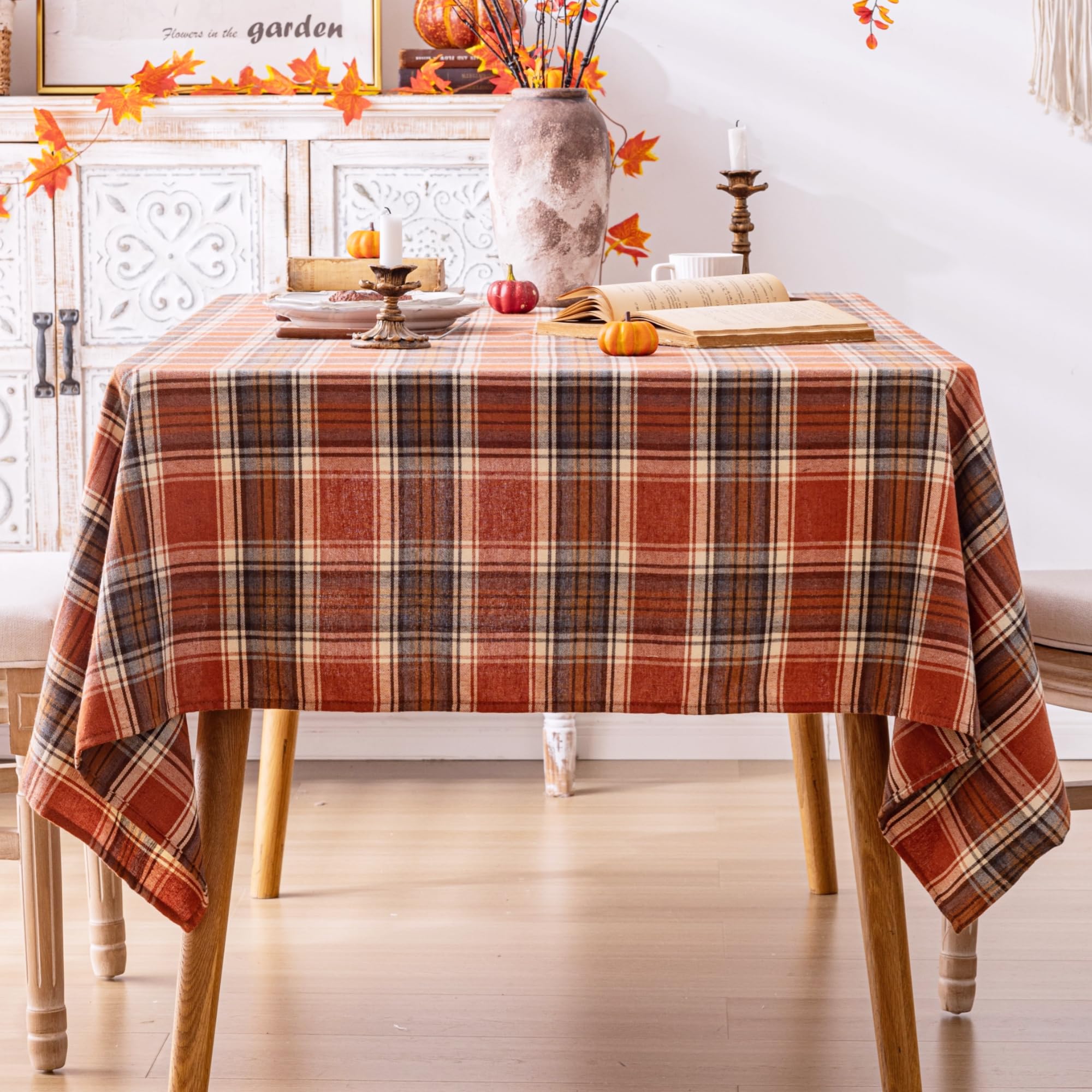 AQOTHES Plaid Fall Tablecloth Thanksgiving Rectangle 60x84 Inch Rust Orange | Ta