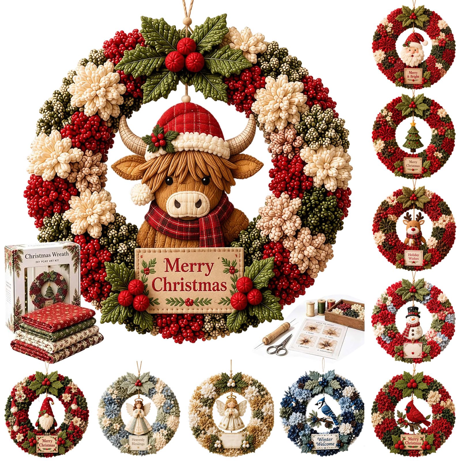 3D Fabric Poke Art Kit for Adults, No-Sew DIY Christmas Wreath Craft Kit, F | Re