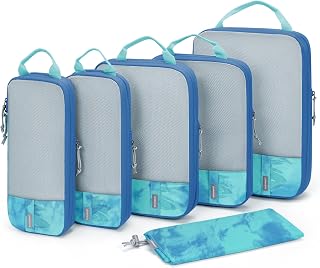 BAGSMART 4 Set Compression Packing Cubes for Suitcases, Trip Organizer Cubes for Travel Essentials, Expandable Luggage Suitcase Lightweight Packing Organizers for Women/Men, Grey