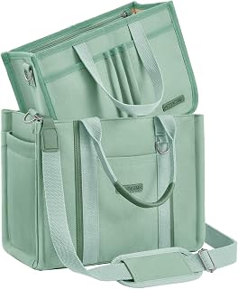 BESBESME Women’s Canvas Tote Bag with Zipper and Compartments – Multi-Pocket Laptop Work Crossbody Shoulder Tote Purse