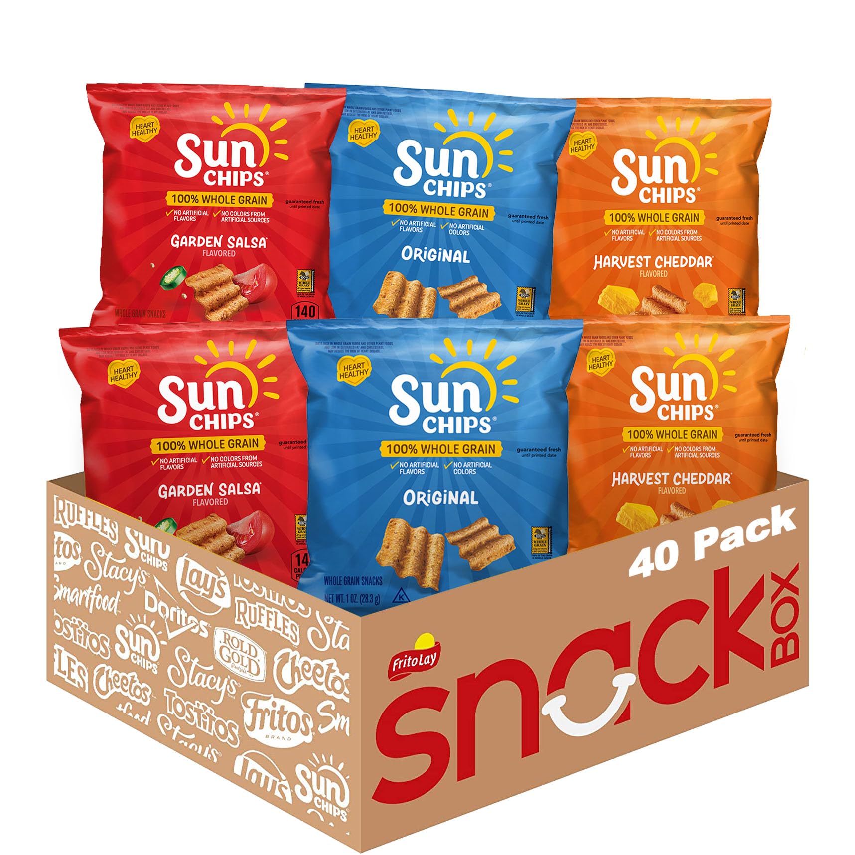 SunChips 100% Whole Grain Chips, Variety Pack, 1 oz Bags, Pack of 40, No Artific