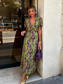 Green Color Block Twist Short Sleeve Print Dress, French V Neck Waist Slim Maxi Dress, L