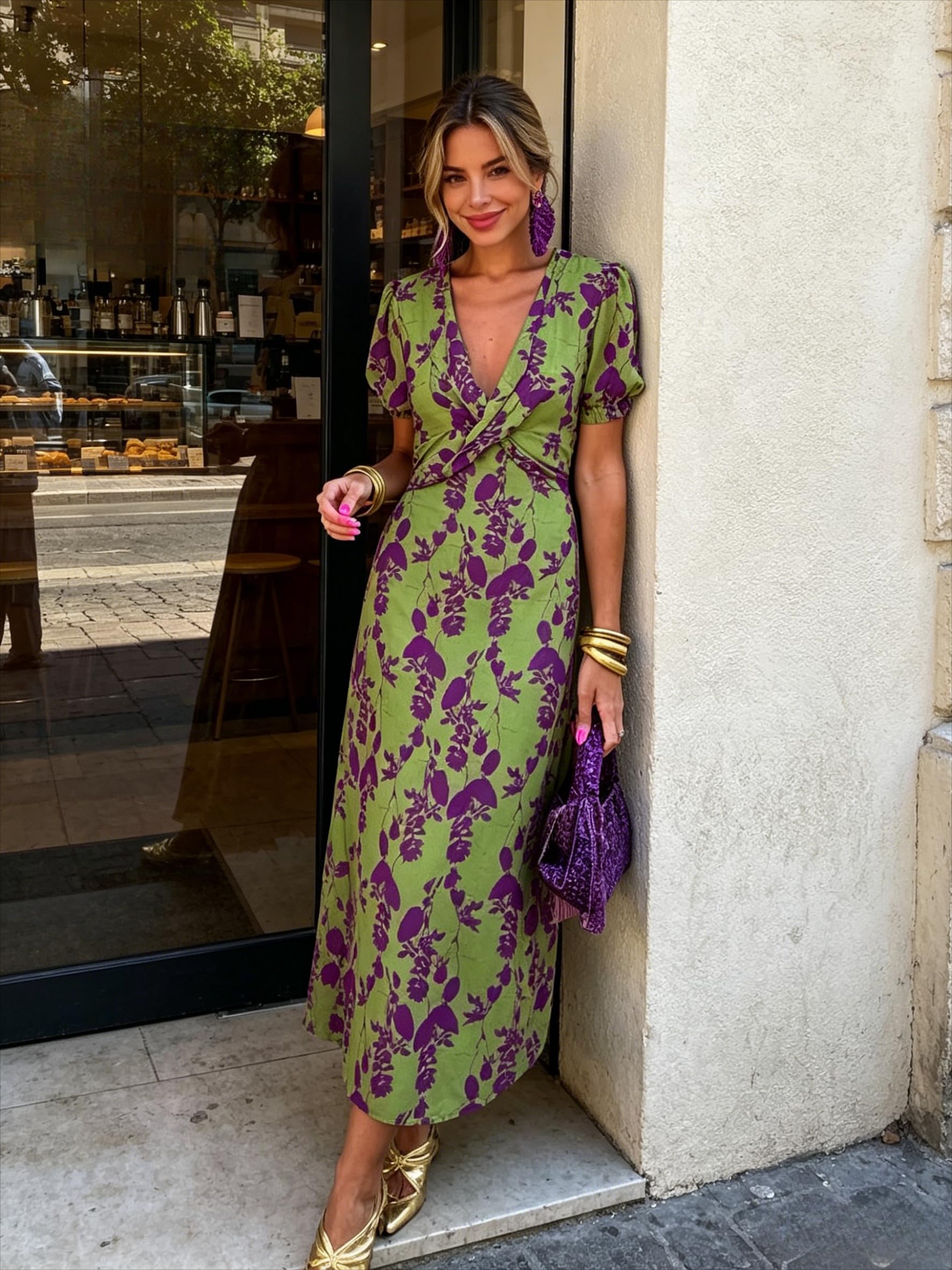 Green Color Block Twist Short Sleeve Print Dress, French V Neck Waist Slim Maxi 