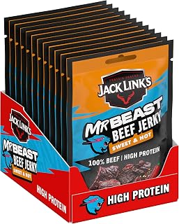 Jack Link's Beef Jerky, Sweet & Hot Flavour, Multipack of 12 x 25g Bags, High Protein Meat Snack, Sweet Seasoning and Hot Spices