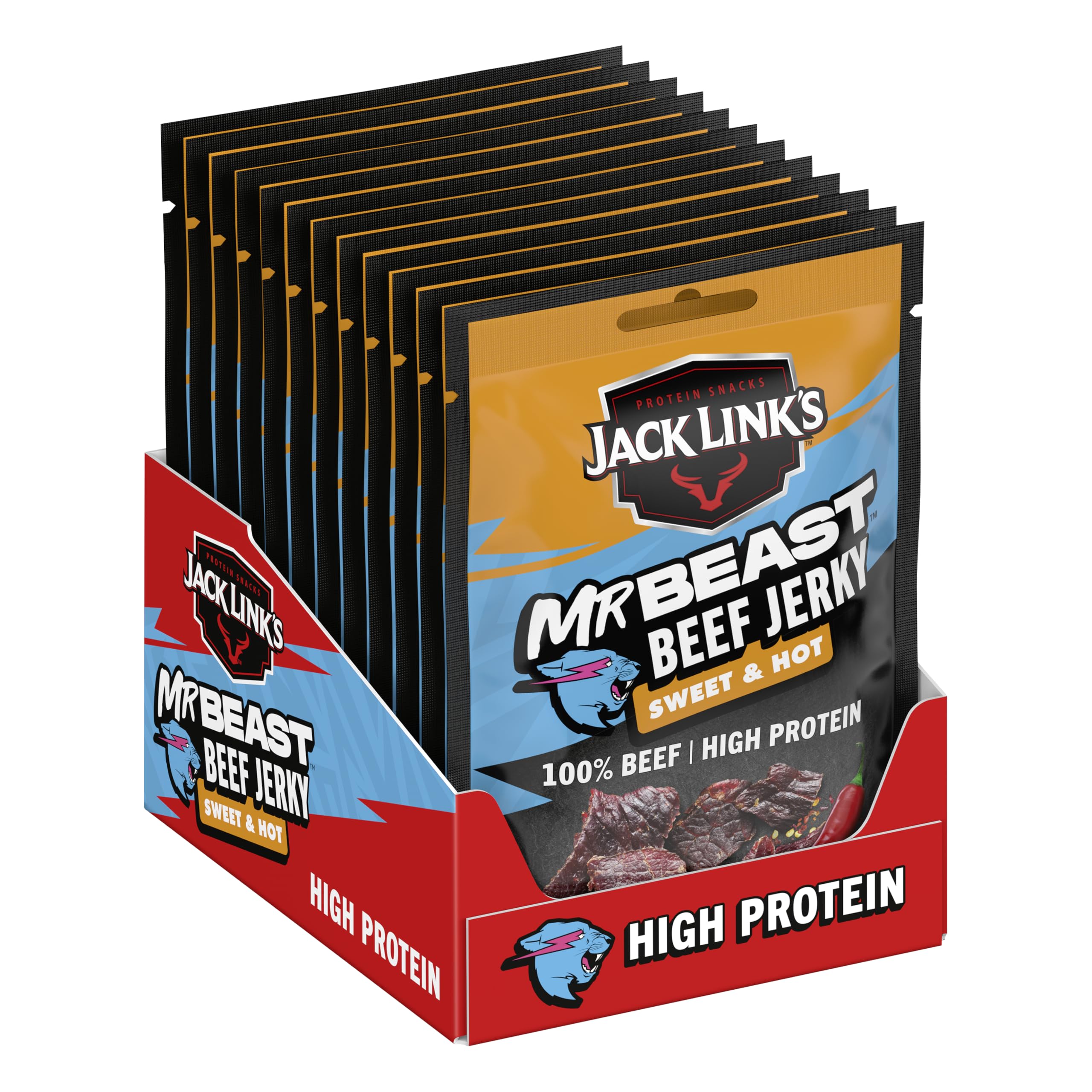 Jack Link's Beef Jerky, Sweet & Hot Flavour, Multipack of 12 x 25g Bags, High Pr