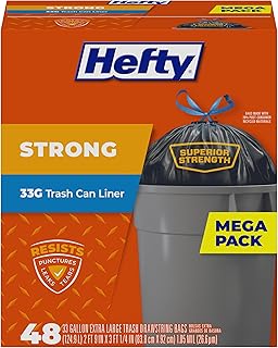 Hefty Strong 33 Gallon Trash Bags with Drawstrings, Black, Unscented, 48ct | 33G Large Trash Bag Liners, Resists Leaks, Punctures, Tears, Superior Strength, Heavy Yard Work, Large Scale Cleanups