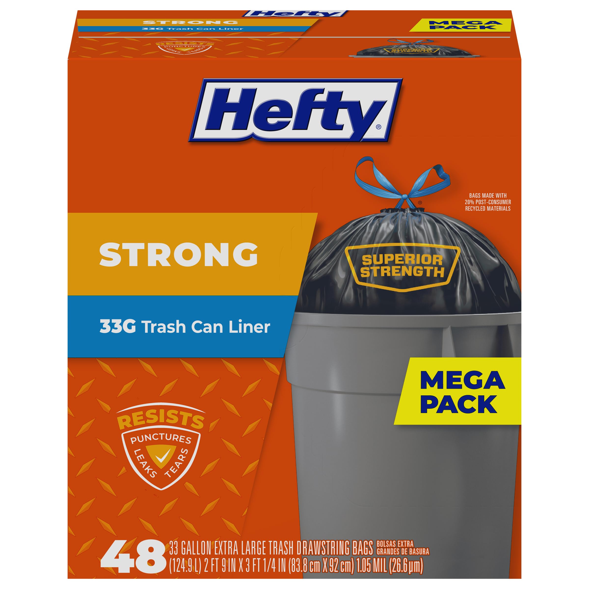 Hefty Strong 33 Gallon Trash Bags with Drawstrings, Black, Unscented, 48ct | 33G